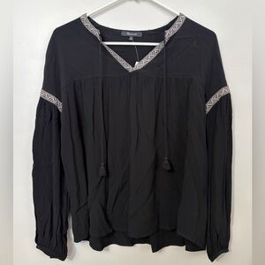 Madewell Boho Black Blouson-Sleeve Top with Patterned Trim
